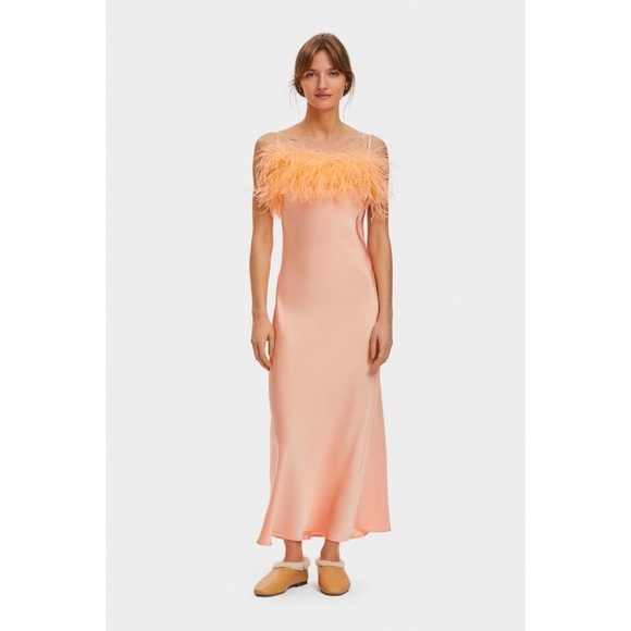 Sleeper Boheme Ostrich Feather Trim Slip Dress in Peach Size M NWOT - Picture 1 of 8